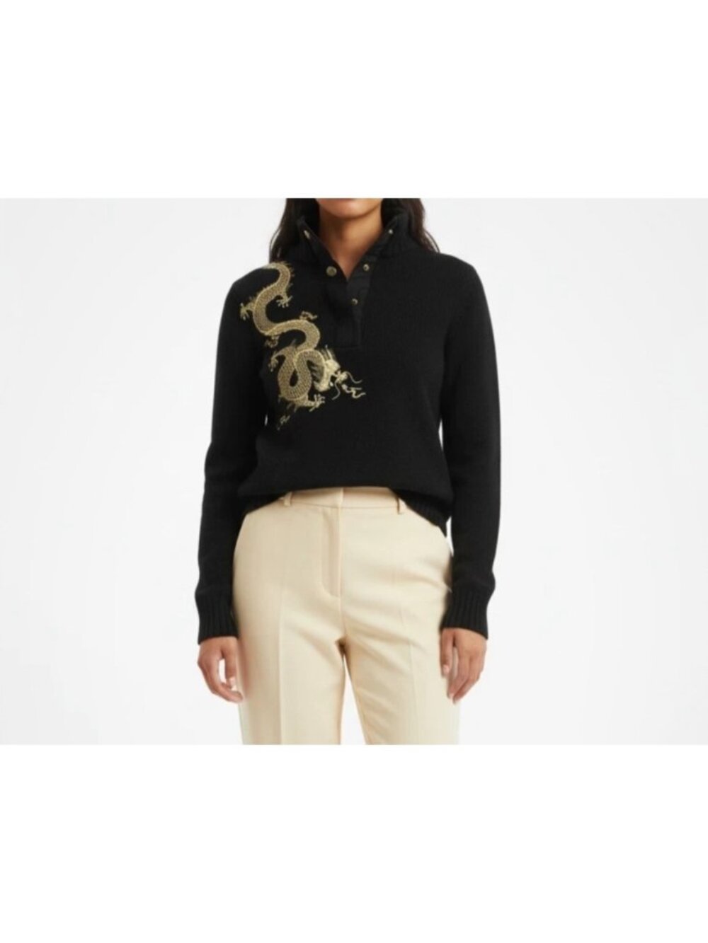 Y2K Ralph Lauren Womens Sz M Black Sweater With Gold Dragon Embroidery
